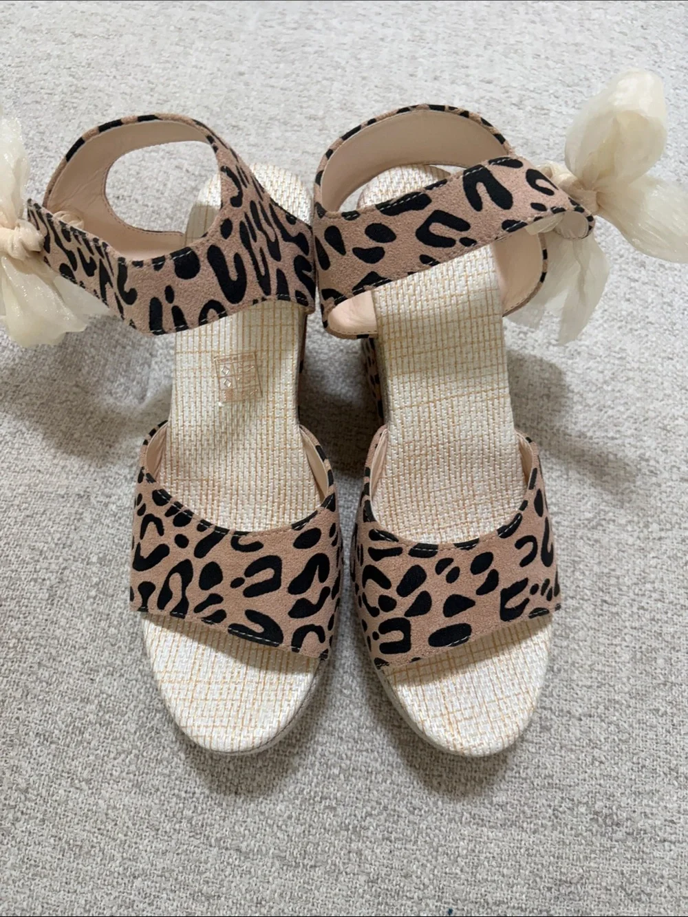 Leopard Print Wedge Sandals with Ivory Ribbon